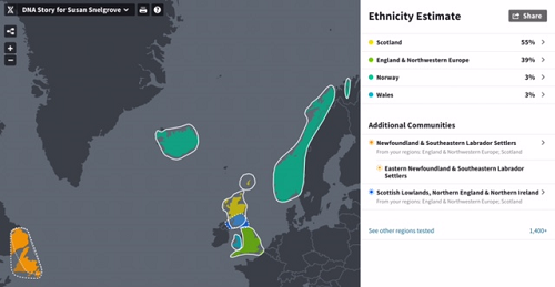 Heritage Map Results from Ancestry DNA Test Company for Susan Snelgrove